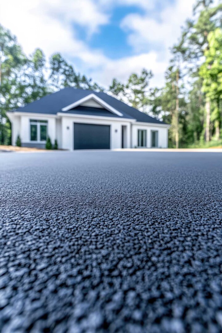Entrée en asphalte neuve devant une maison contemporaine avec garage double, pavée dans un secteur résidentiel entouré d’arbres