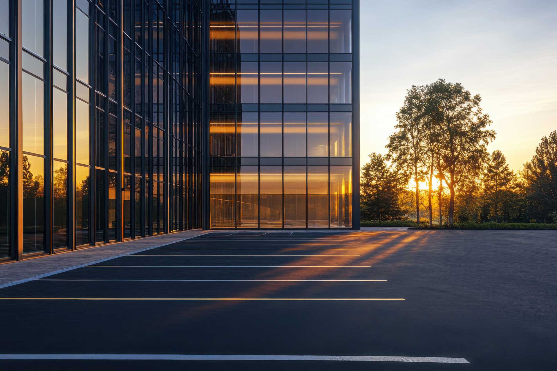 Stationnement commercial en asphalte neuf devant un immeuble à bureaux vitré, au lever du soleil à Drummondville